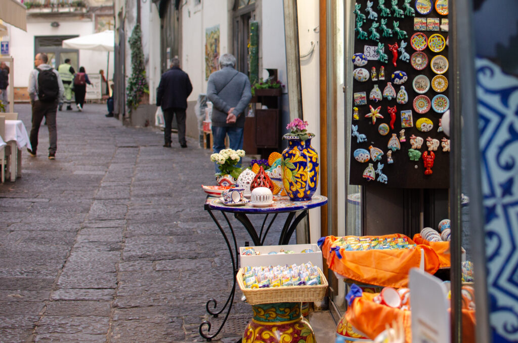 The street in Vietri Sul Mare, and ceramic shop selling souvenirs.