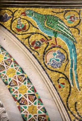 Mosaic detail of the Amalfi Duome.
Green and blue parrot like bird against gold, and arched detail with geometric mosaics.