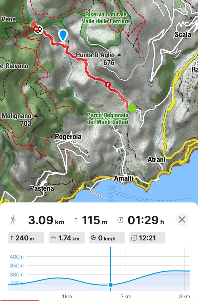 Map displaying the completed section of the trail from Pontone to The Riserva Naturale Orientata. Valle delle Ferriere, Amalfi Coast Italy. Map with detailed altitude information, courtesy of the Bergfex.at app