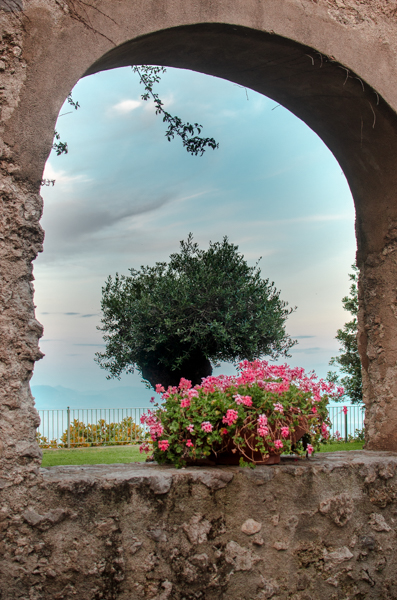 Detail of the arch on the wall of the Principessa Garden. Through the arched opening you can see an olive tree and the sky and the see in the background.
