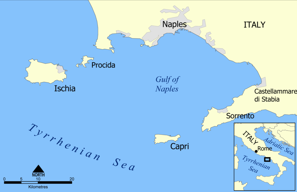 Map of the Golf of Naples, with Capri Island. A Smaller map inn the corner showing the position off the island and the golf in Italy.