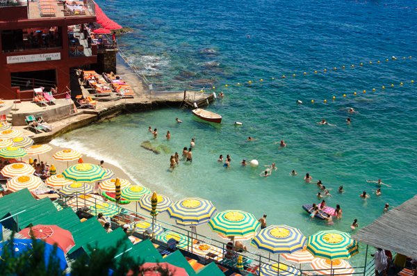 People swimming in the sea at Capri. Striped yellow, green, and blue umbrellas lining the shore. This view is captured from above. The sea has turquoise waters.