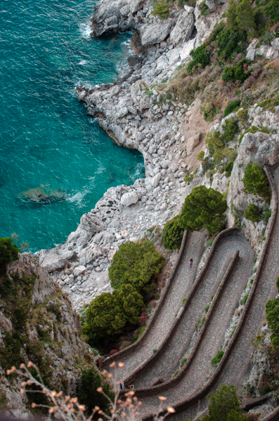 A rugged coastline and the Via Krupp in Capri, as seen from above.