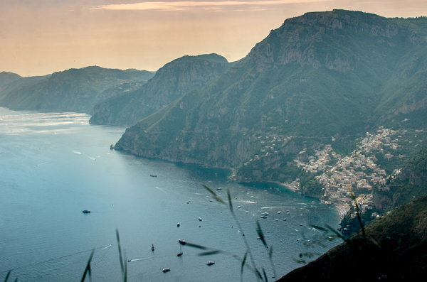 View of the Coastline and Positano from the Path of Gods at Sunset.