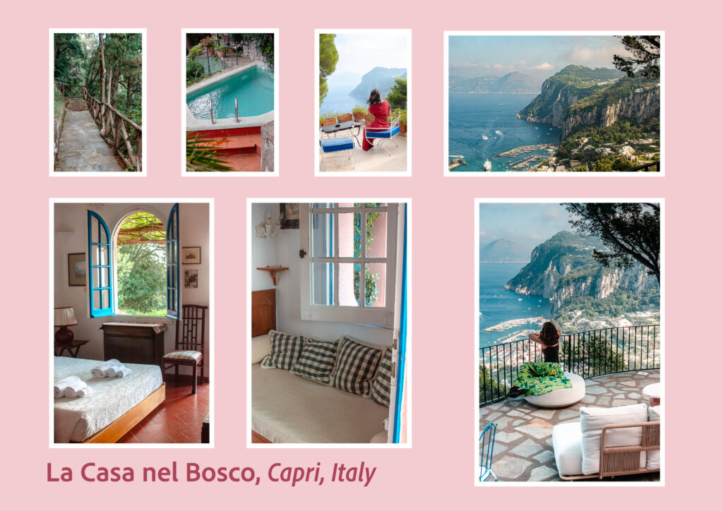 Image Collage from pictures I have taken during my stay at the BnB Casa nel Bosco in Capri. 7 Images: the entryway in the forest with wooden The little swimming pool. 3. Me sitting on the rooftop in a red dress facing the view of the island of Capri. 4. Panoramic view of Capri taken from the garden of the accomodation. 5. Interior of the room, with open window. 6. Interior of the room with a rustic couch under a window. 7. Me sitting on the terrace and admiring the panorama.