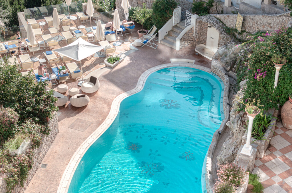 The swimming pool of Hotel La Floridiana from above. Capri, Italy.