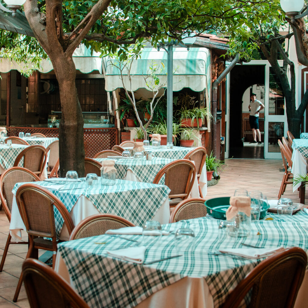 A cozy restaurant terrace with a row of tables under a citrus tree. Checkered white and green tablecloth.