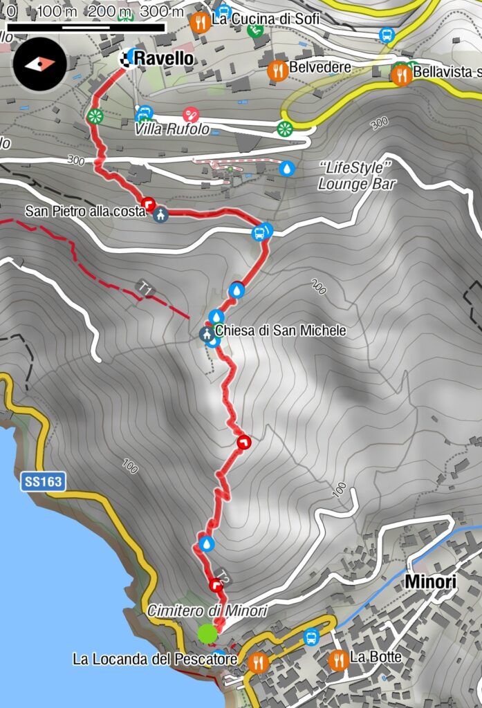 Level curves map with the trail between Minori and Ravello highlighted in red.