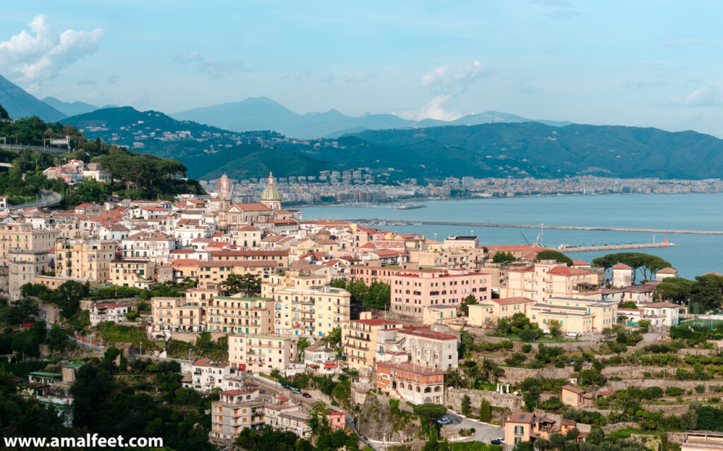 The Panoramic View of Vietri Sul Mare. The seaside, add the gulf of Salerno behind the village.