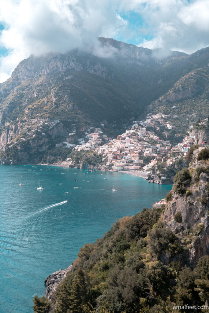 View of the coastline of the Amalfi Coast. The town of Positano.