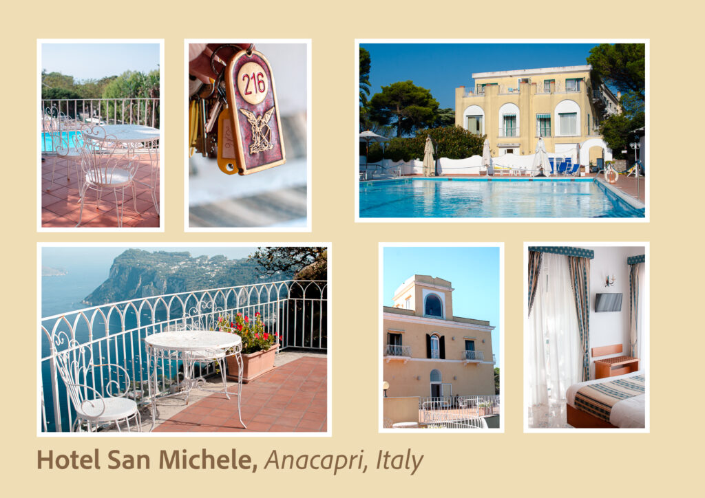 Image Collage from pictures I have taken during my stay at Hotel San Michele in Anacapri, Italy. 6 Images over pale yellow background. 1: Or spacious balcony with terracotta floor and white chairs, overlooking to the swimming pool 2. The keys of our room, with a key holder that features the Archangel San Michele. 3. view of the hotel from the poolside 4. Panorama of Capri Island from the Hotel's terrace. Flowers and white chairs. 5. The facade of the hotel. 6. Inside of the room.