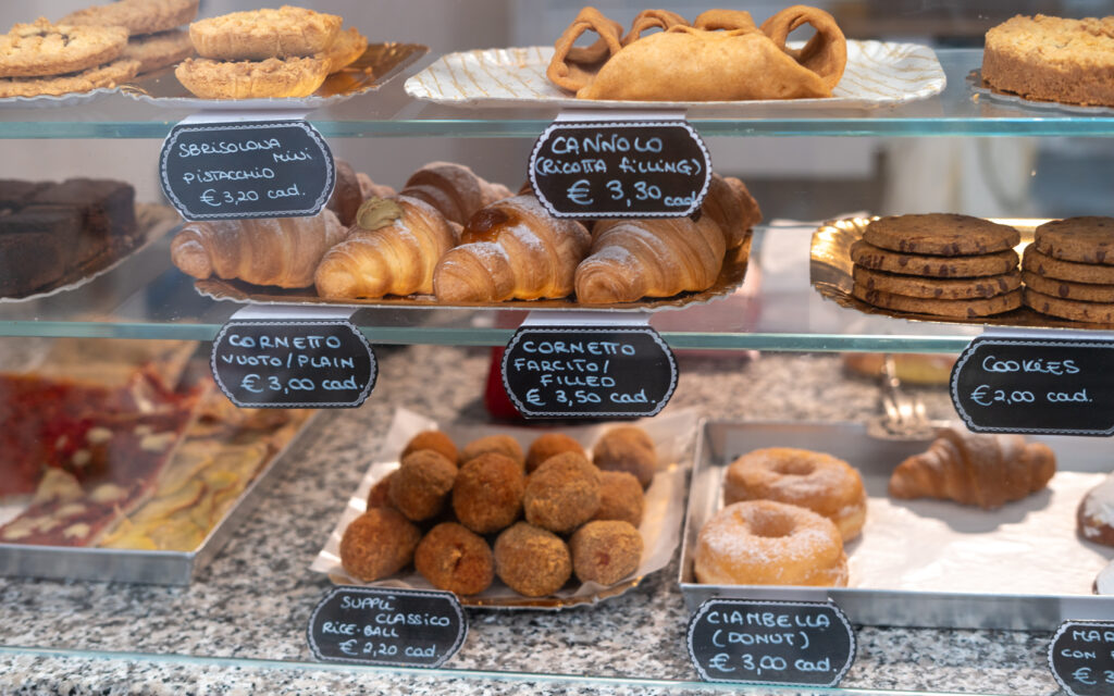Pastries in a gluten free bakery, in Rome, Italy.