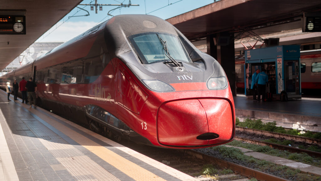 Italo High-speed train in the Termini Station at Rome. To reach Salerno from Rome with Italo it takes 2 hours.