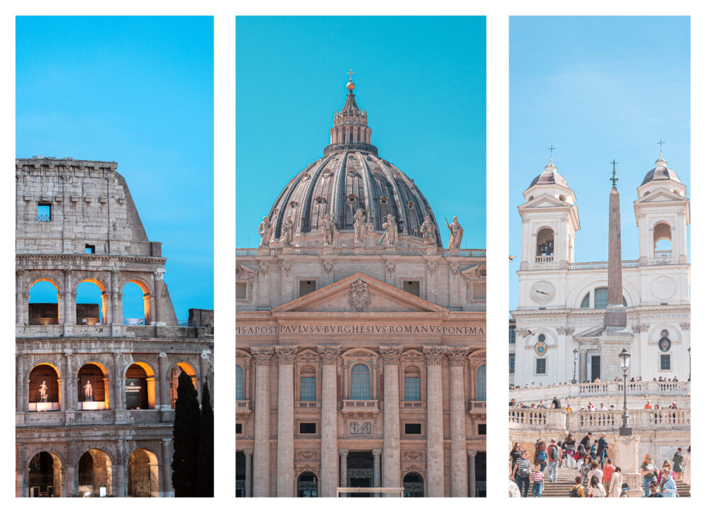 image collage of landmarks of Rome: Colosseum, Vatican, Spanish Steps.