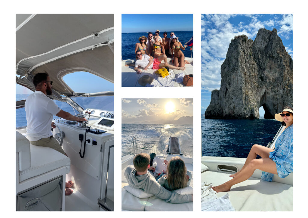 Left: Andrea navigating his boat along the Amalfi Coast.
Top center: A group of tourists posing for a happy photo on a boat tour.
Bottom center: A couple enjoying an aperitivo on a sunset boat tour.
Right: A woman posing on a private boat tour with the Faraglioni of Capri in the background.