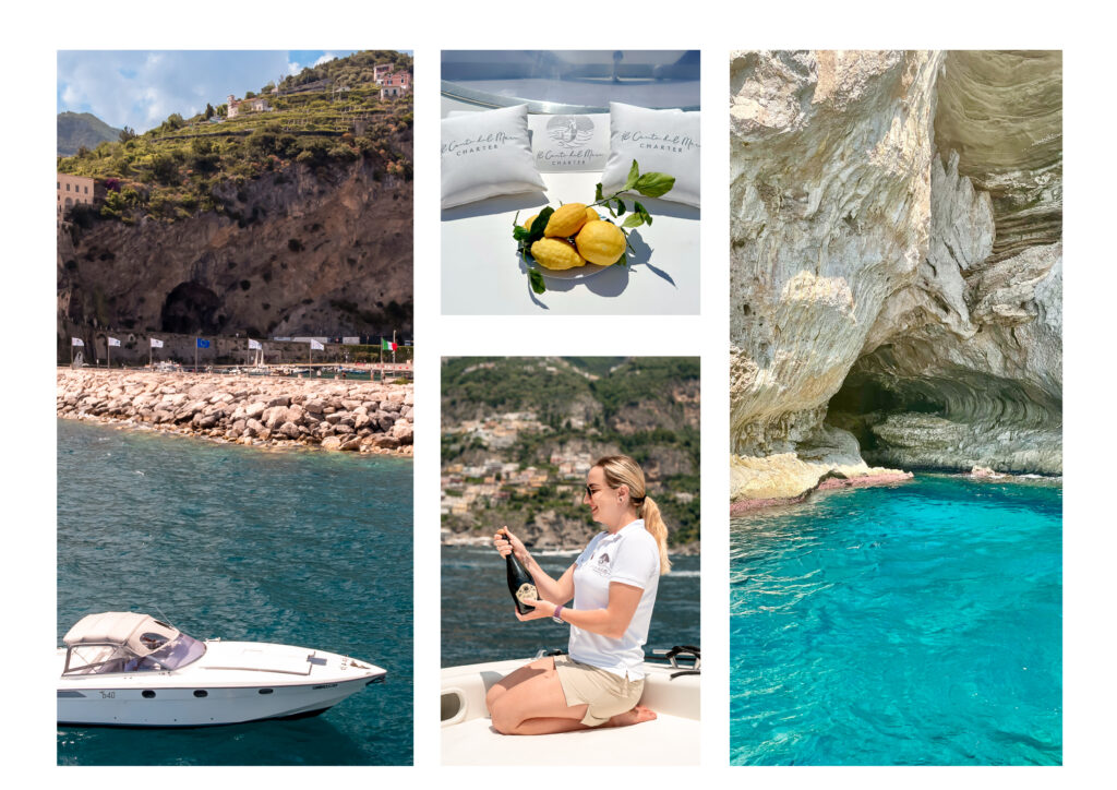 Montage of photos from Il Canto del Mare Charter: on the left, the boat is on turquoise waters with Maiori in the background. In the center upper image: cushions featuring the Il Canto del Mare embroidery and fresh lemons on the boat.In the center lower image:  Andreas' fiancée opening a bottle of champagne. On the right: bright crystal-clear water with a small grotto in the rock,- a perfect spot for snorkeling.






